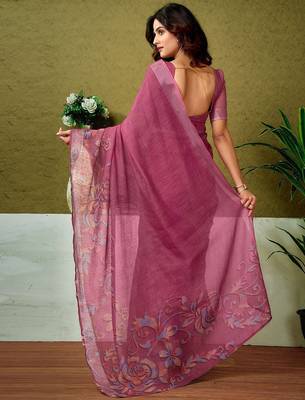 Pink floral printed  linen ready to wear saree with unstitched blouse 3