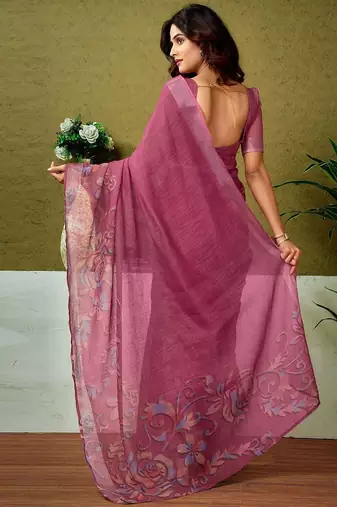 Pink floral printed  linen ready to wear saree with unstitched blouse
