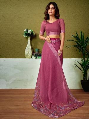 Pink floral printed  linen ready to wear saree with unstitched blouse 4