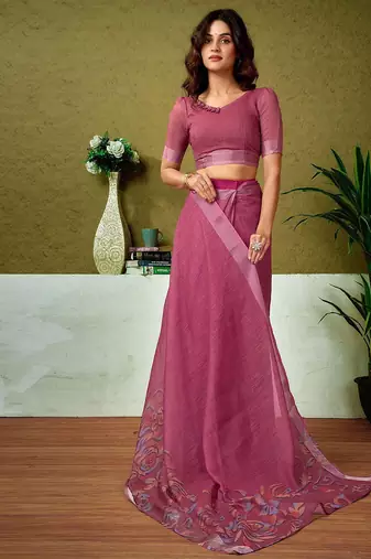 Pink floral printed  linen ready to wear saree with unstitched blouse