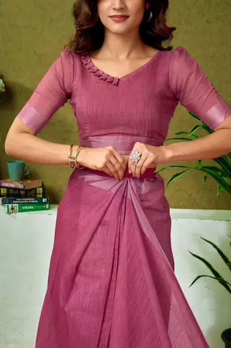 Pink floral printed  linen ready to wear saree with unstitched blouse