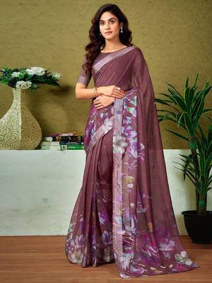 Brown floral printed  linen ready to wear saree with unstitched blouse 1