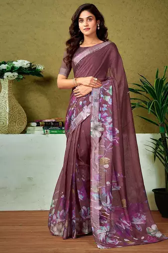 Brown floral printed  linen ready to wear saree with unstitched blouse