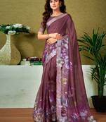 Brown floral printed  linen ready to wear saree with unstitched blouse