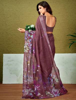 Brown floral printed  linen ready to wear saree with unstitched blouse 3