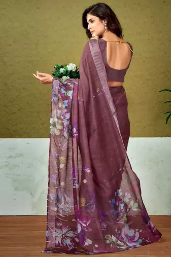 Brown floral printed  linen ready to wear saree with unstitched blouse