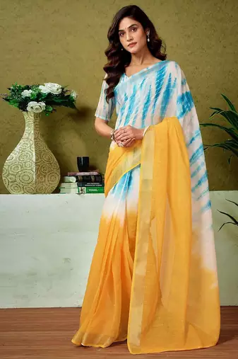 Yellow tie & dye printed  linen ready to wear saree with unstitched blouse