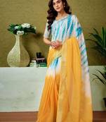 Yellow tie & dye printed  linen ready to wear saree with unstitched blouse