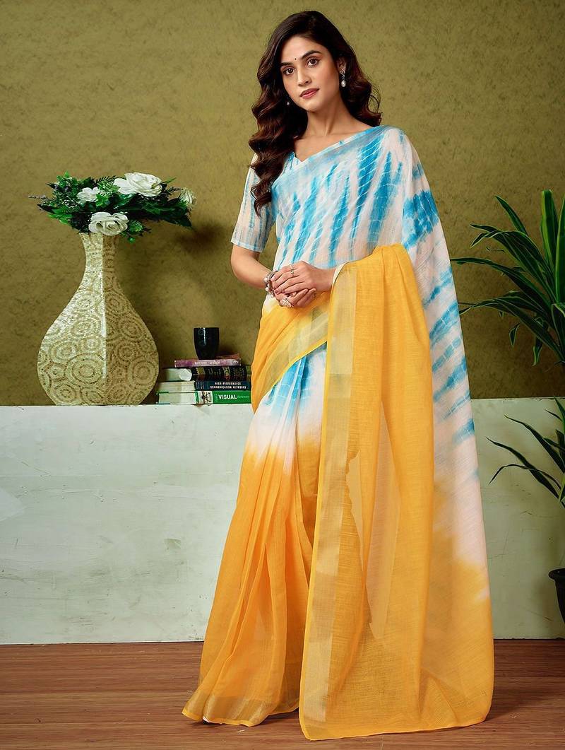 Yellow tie & dye printed  linen ready to wear saree with unstitched blouse