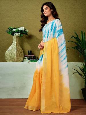 Yellow tie & dye printed  linen ready to wear saree with unstitched blouse 2