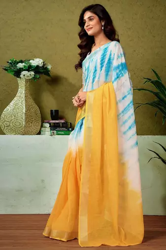 Yellow tie & dye printed  linen ready to wear saree with unstitched blouse