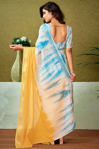Yellow tie & dye printed  linen ready to wear saree with unstitched blouse