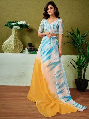 Yellow tie & dye printed  linen ready to wear saree with unstitched blouse 4