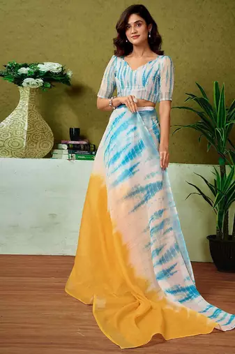 Yellow tie & dye printed  linen ready to wear saree with unstitched blouse