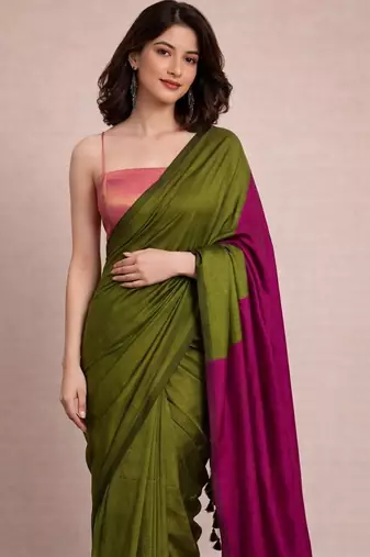Green handloom khadi cotton contrast pallu thread latkans sarees