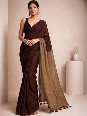 Brown handloom khadi cotton contrast pallu thread latkans sarees 1