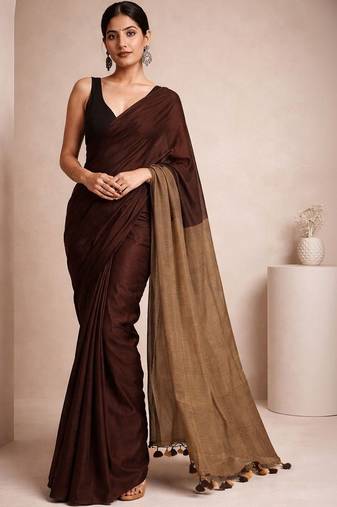 Brown handloom khadi cotton contrast pallu thread latkans sarees