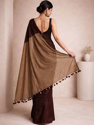 Brown handloom khadi cotton contrast pallu thread latkans sarees 2