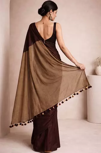 Brown handloom khadi cotton contrast pallu thread latkans sarees