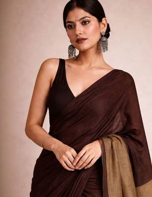 Brown handloom khadi cotton contrast pallu thread latkans sarees 3