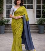 Green handloom khadi cotton contrast pallu thread latkans sarees
