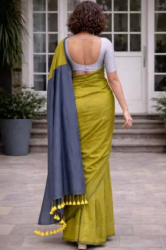 Green handloom khadi cotton contrast pallu thread latkans sarees