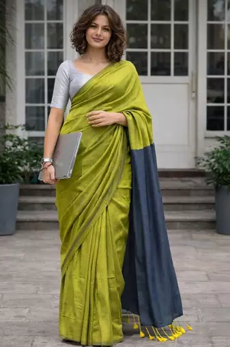 Green handloom khadi cotton contrast pallu thread latkans sarees