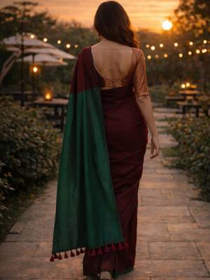 Maroon handloom khadi cotton contrast pallu thread latkans sarees 2