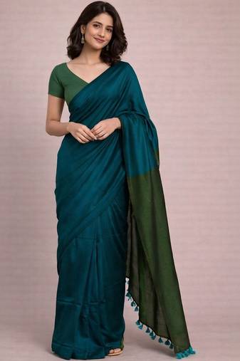 Teal handloom khadi cotton contrast pallu thread latkans sarees