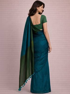 Teal handloom khadi cotton contrast pallu thread latkans sarees 2