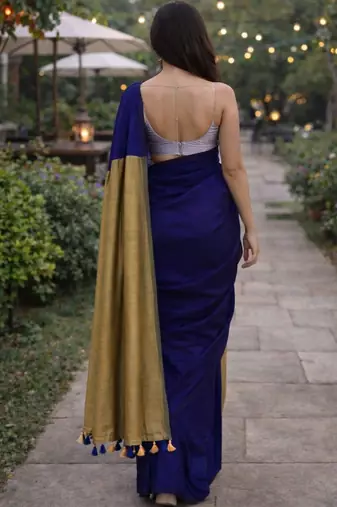 Navy blue handloom khadi cotton contrast pallu thread latkans sarees