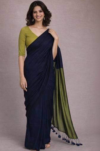 Navy blue handloom khadi cotton contrast pallu thread latkans sarees