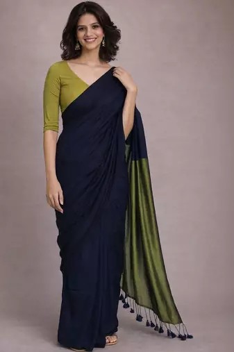 Navy blue handloom khadi cotton contrast pallu thread latkans sarees