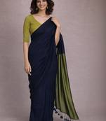 Navy blue handloom khadi cotton contrast pallu thread latkans sarees