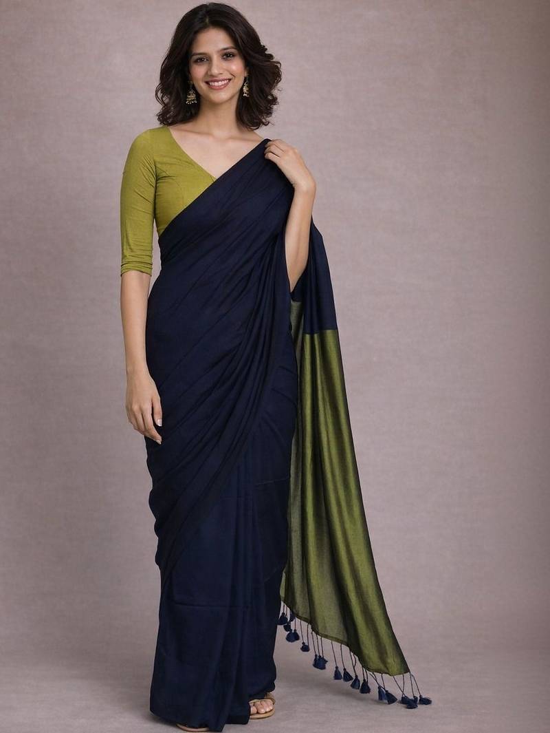 Navy blue handloom khadi cotton contrast pallu thread latkans sarees