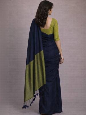 Navy blue handloom khadi cotton contrast pallu thread latkans sarees 2