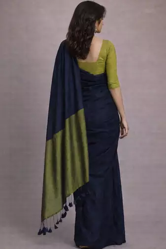 Navy blue handloom khadi cotton contrast pallu thread latkans sarees