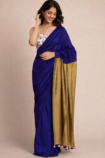 Blue handloom khadi cotton contrast pallu thread latkans sarees