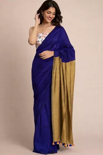 Blue handloom khadi cotton contrast pallu thread latkans sarees