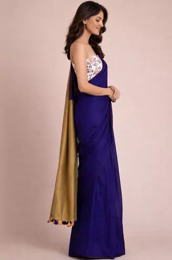 Blue handloom khadi cotton contrast pallu thread latkans sarees