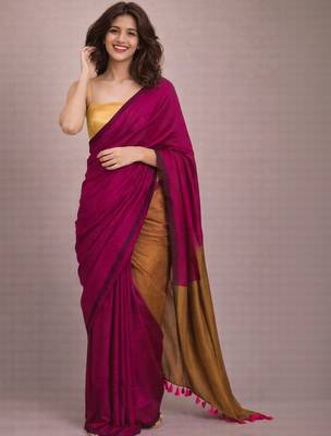 Magenta handloom khadi cotton contrast pallu thread latkans sarees 1