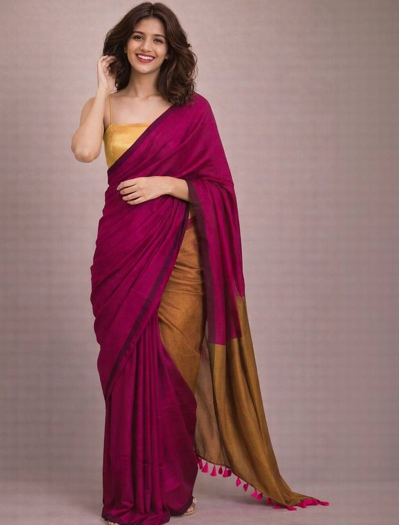 Magenta handloom khadi cotton contrast pallu thread latkans sarees