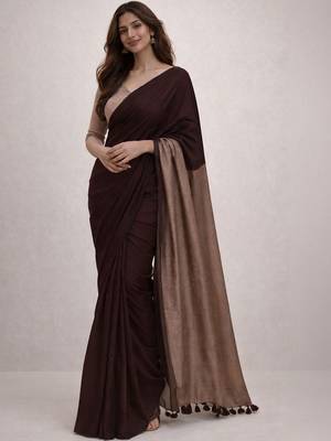 Brown handloom khadi cotton contrast pallu thread latkans sarees 1