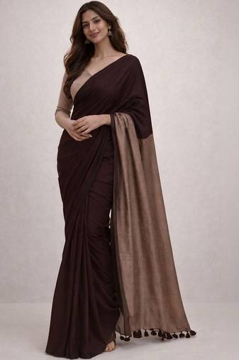 Brown handloom khadi cotton contrast pallu thread latkans sarees