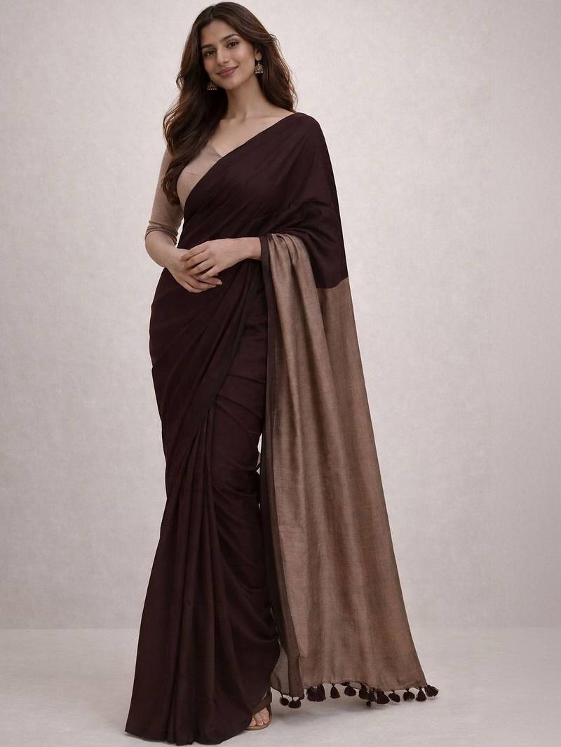 Brown handloom khadi cotton contrast pallu thread latkans sarees