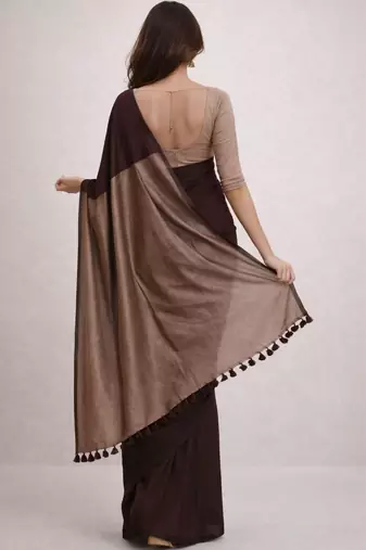 Brown handloom khadi cotton contrast pallu thread latkans sarees
