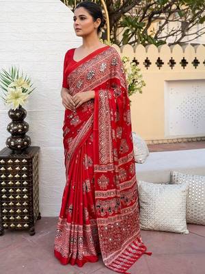 Red women embellished mirror work saree 4