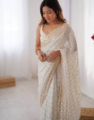 Off white sequinned  georgette embellished party wear saree with matching blouse 3