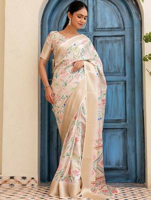 Cream printed ready to wear saree with blouse piece 2