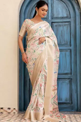 Cream printed ready to wear saree with blouse piece